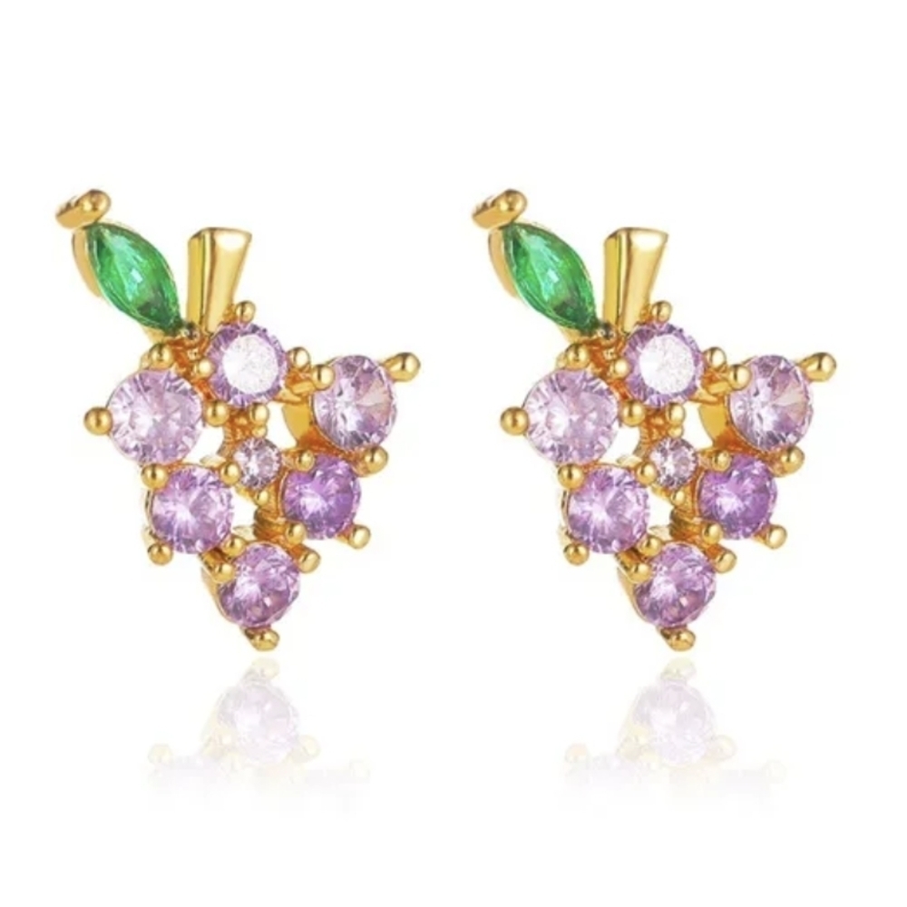 Grape Fruit Stud Earrings Purple Zircon Bunch of Grapes